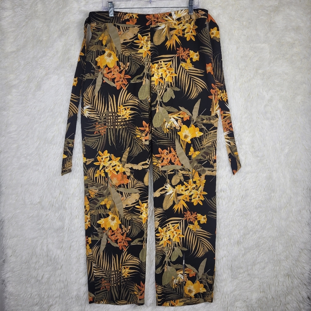 Worthington Womens L Tropical Floral Print High Wasted‎ Belted Pants Beachy